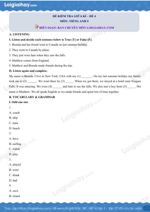 Đề thi giữa kì 1 Tiếng Anh 5 - Đề số 4